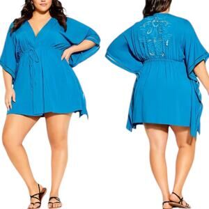 City Chic Sun Lover Swim Coverup Kaftan Embroidery Blue Size L/2X